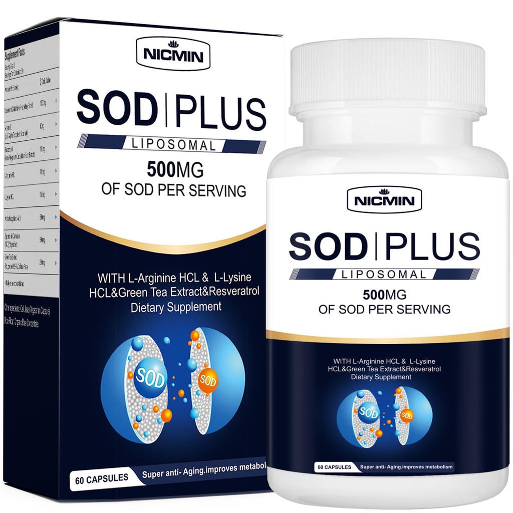 Superoxid Dismutază Supliment 500mg - SOD Plus cu glutation lipozomal, AKG, extract de ceai verde, L-Arginină, Lysine, Resveratrol și vitamina E pentru suport imun, Antioxidant 60 capsule