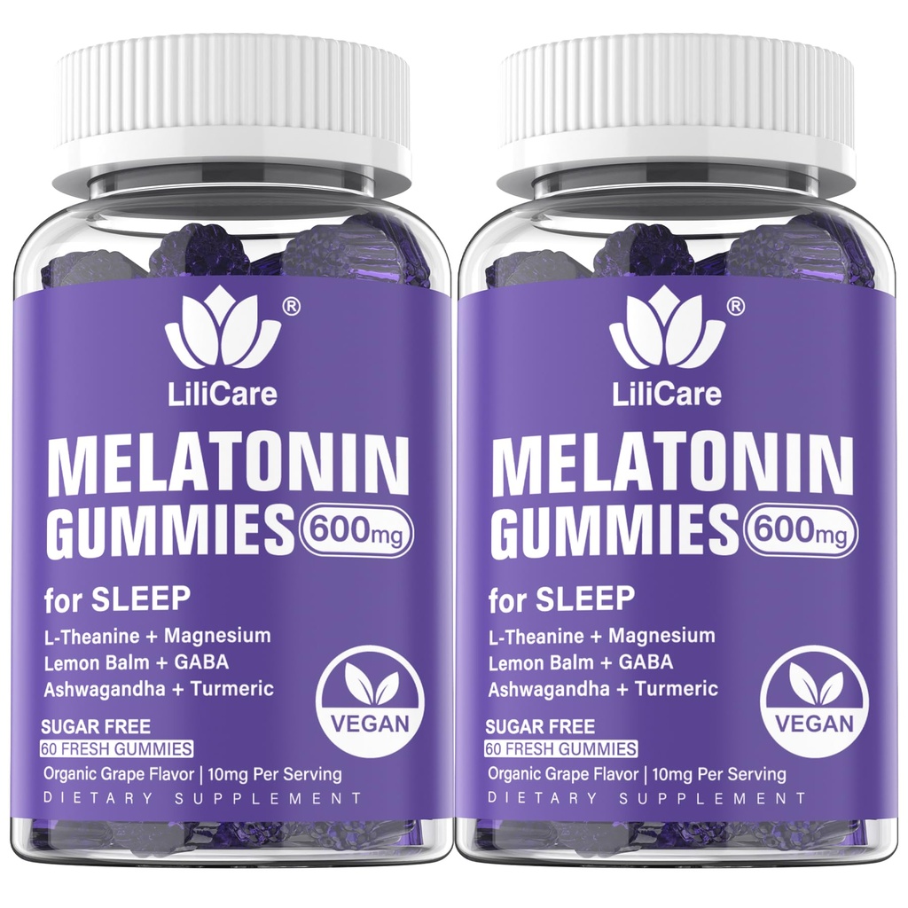 Melatonina 20mg Gummies pentru adulți (2 ambalaje) Putere suplimentară cu L-Theanine, Ashwagandha, Magneziu, Turmeric, GABA, Lemon Balm și Mușețel pentru Suporturi Rhythm Circadian sănătos, Aroma de struguri