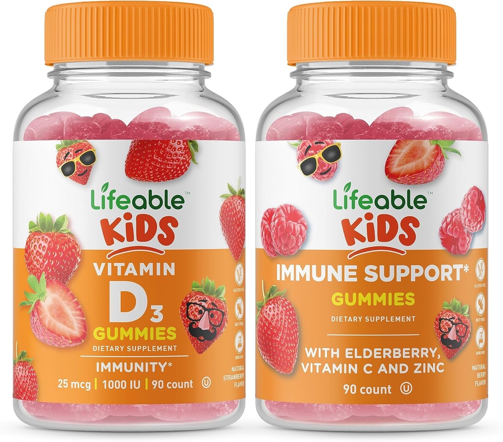 Vitamina D de viață pentru copii + Suport imunitar pentru copii, Gume Bundle - mare Tasting, Supliment de vitamine, Gluten gratuit, OMG gratuit, Gummy mesteca