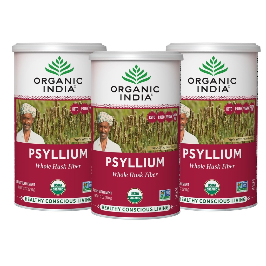 ORGANIC INDIA Psyllium Herbal Powder - Whole Husk Fiber Supplement, Digestion Support, Vegan, Gluten-Free, USDA Certified Organic, Non-GMO, Soluble & Insolubil Fiber Source - 12 oz (Pachet de 3)