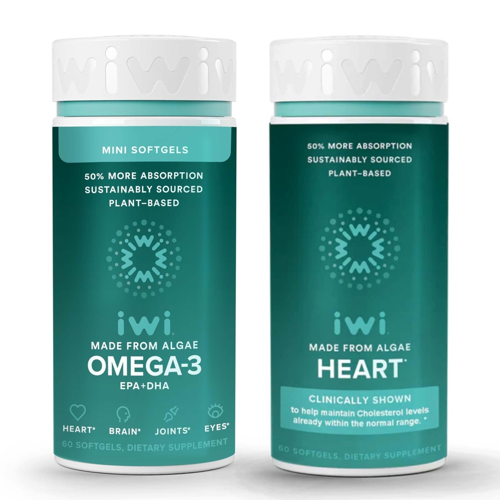 Iwi Omega-3 Minis & Heart Omega-3 Bundle, 30 Servings, Algae Omega 3, Krill & Fish Oil Alternative, No Fishy Aftergust