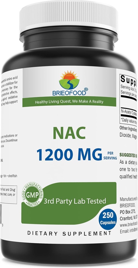 Brieofood NAC Supliment N-Acetyl Cysteine 1200 mg per Serving 250 Capsule - Supliment de sprijin imun