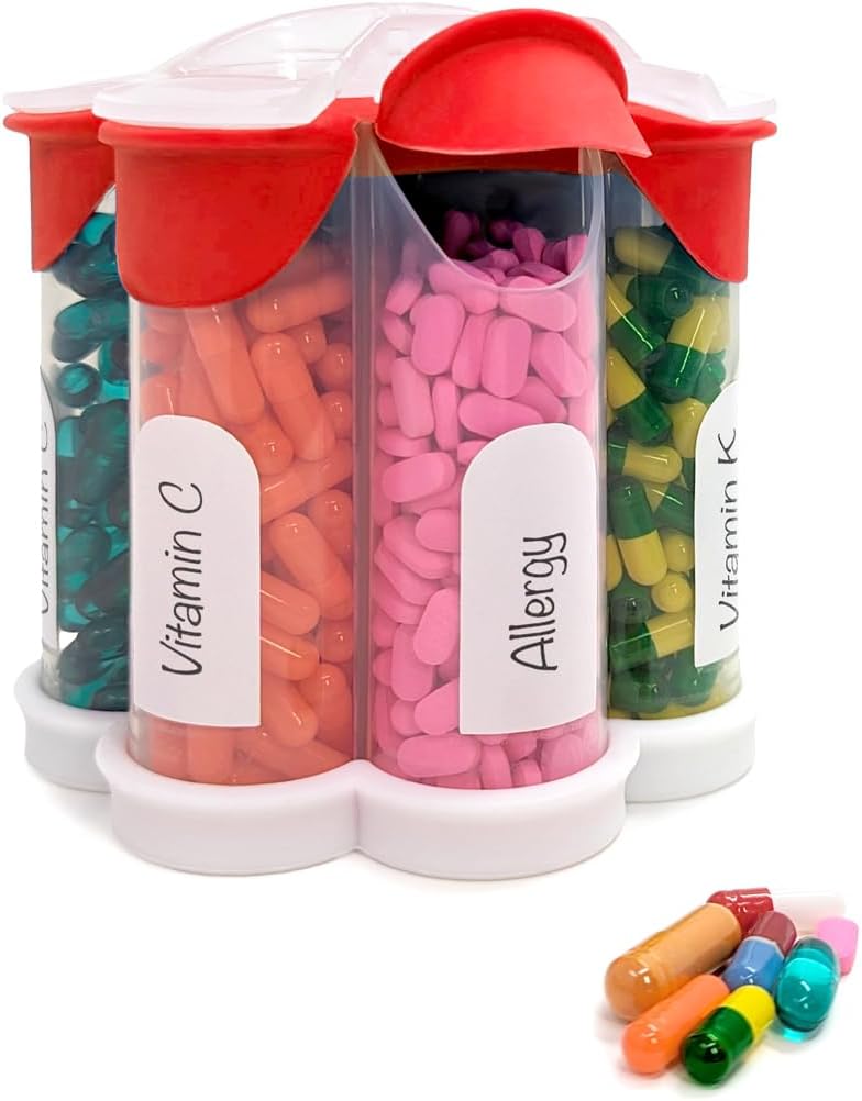 Extra Large Pill Organizator Daily, Săptămânal, Lunar Supliment flacon, Cute Blossom Pilula Distribuitor cu 7 XL Compartimente, Easy-Open Pilula cutie pentru vitamine, medicamente, etichete incluse (Red)