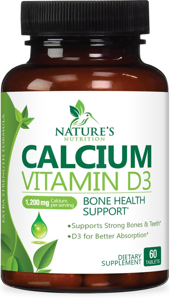 Suplimentul de calciu 1200 mg - cu vitamina D3 pentru cea mai bună absorbţie - susţine sănătatea imună, oasele şi dinţii - carbonatul de calciu al naturii + 1600 UI de D3 - îmbuteliat în SUA pentru femei şi bărbaţi - 60 comprimate