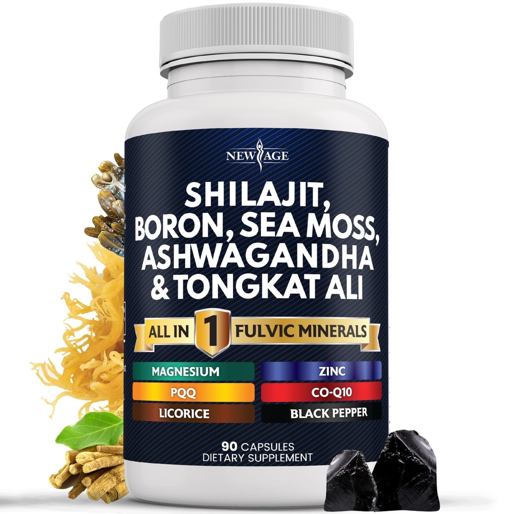 NOU AGE Silajit Supliment cu Sea Moss, Ashwagandha, Tongkat Ali, Boron, Magneziu - Capsule acide pentru bărbaţi - 90 Conte