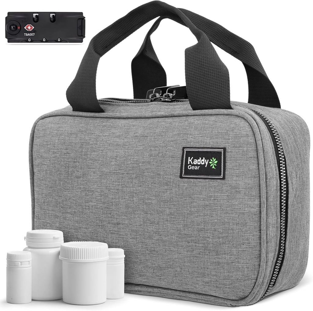 Kaddy Secure Pill Organizator Box, depozitare pentru sticle de medicamente sau suplimente; Toaleta; Călătorie sau acasă, TSA aprobat Lock (Grey)