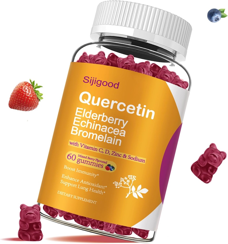 Quercetin Gummies cu Bromelain, Elderberry, Echinacea, Vitamina C D Zinc - Suport sistem imunitar 60 Conte Querbetin Gummies pure pentru copii și adulți