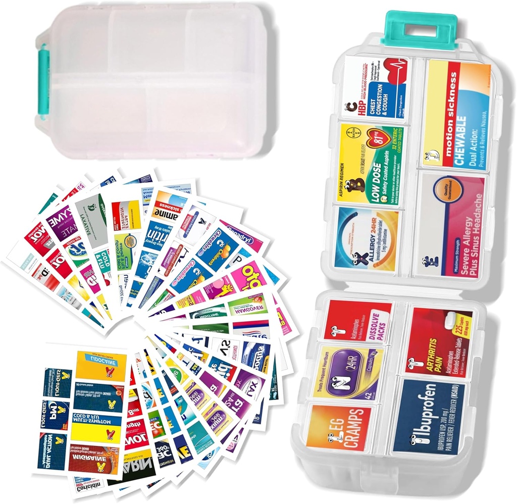 Organizator de pastile mari cu etichete medicale - 7 zile de călătorie zilnic container, mini caz de depozitare medicamente (alb, 161 Etichete)