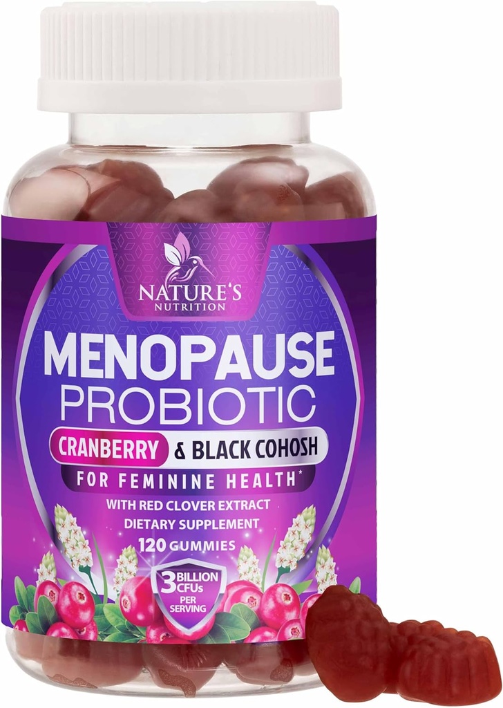 Menopauza Suplimente pentru femei - 3 Miliarde CFU Menopauza Naturala Menopauza Relief pentru Flash-uri usoare si transpiratii nocturne, PH, Suport Vaginal pentru Sănătate Probiotice pentru Femei Gummy, Supliment Probiotic - 120 Gumete
