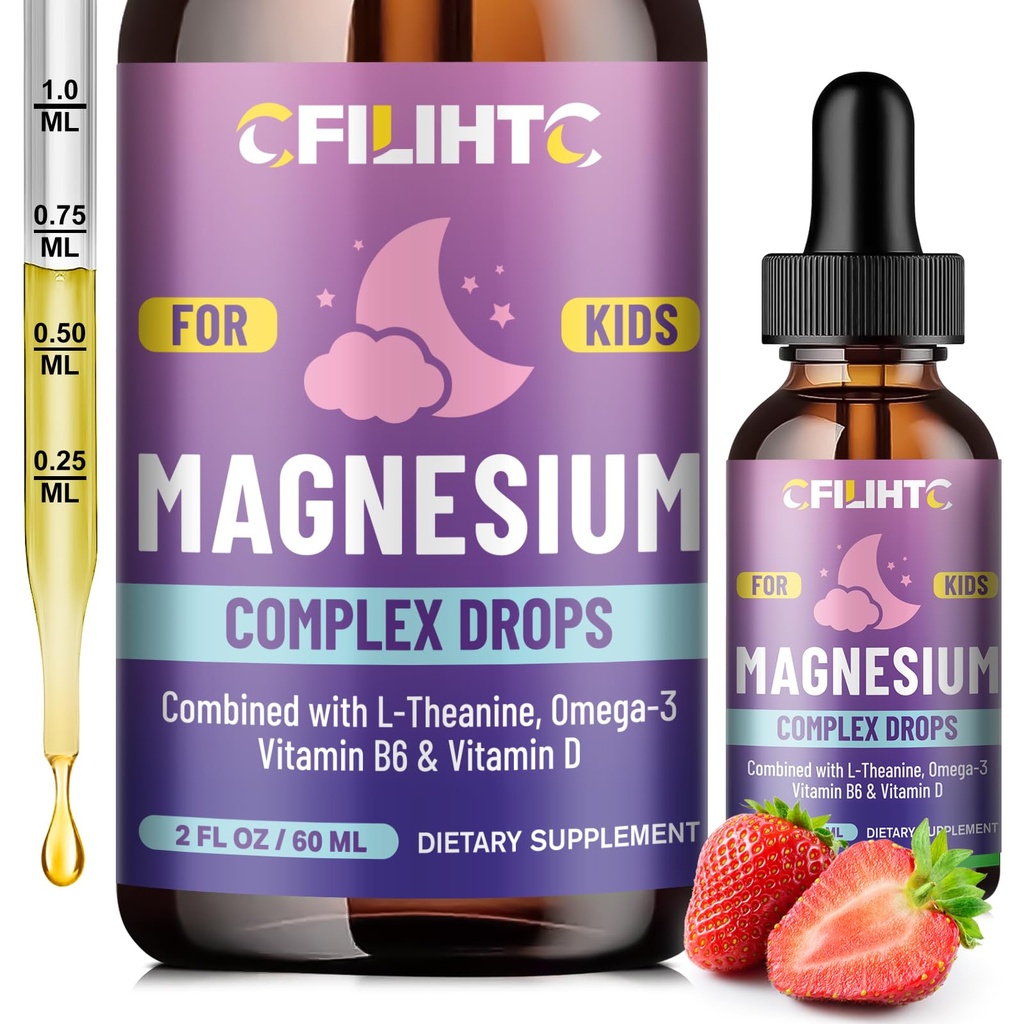 Copii Magneziu lichid picaturi-Magnesium Glicinat lichid pentru copii Supliment-w/L-teanină, Omega-3, vitamina B6, D3 - pentru somn, relaxare, creier, oase - 2 Fl Oz pentru copii Calm, Flavor de căpșuni
