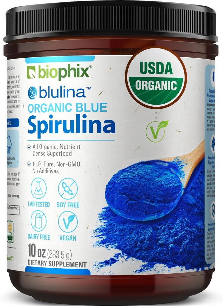 biophix Blue Spirulina Powder Organic Blulina 10 oz - Algae Organic Spirulina Powder 283 Serviri - Superfood Supplement - Pigment albastru natural - Espiralina en Polvo Organica Pura Azul