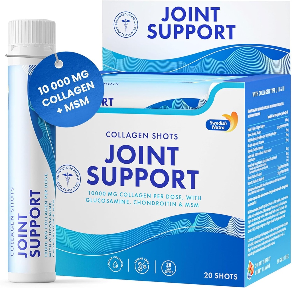 Swedish Nutra - Shots Joint Support I 10000 mg Colagen Tip I, II & III I Glucosamină, MSM, Chondroitin, Turmeric I 100% Aromă naturală I fără zahăr - 20 Shots per cutie