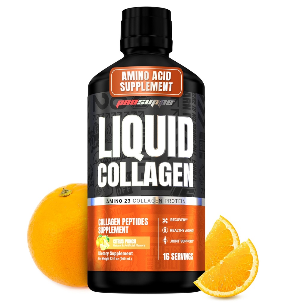 PROSUPPS Amino23 Colagen lichid Shots, Citrus Punch - Colagen Peptide Post Workout Supliment Suporturi Sănătoși Îmbătrânire, Articulații, Piele & Păr - Gluten-Free & Zero Zahăr - 16 Serviri