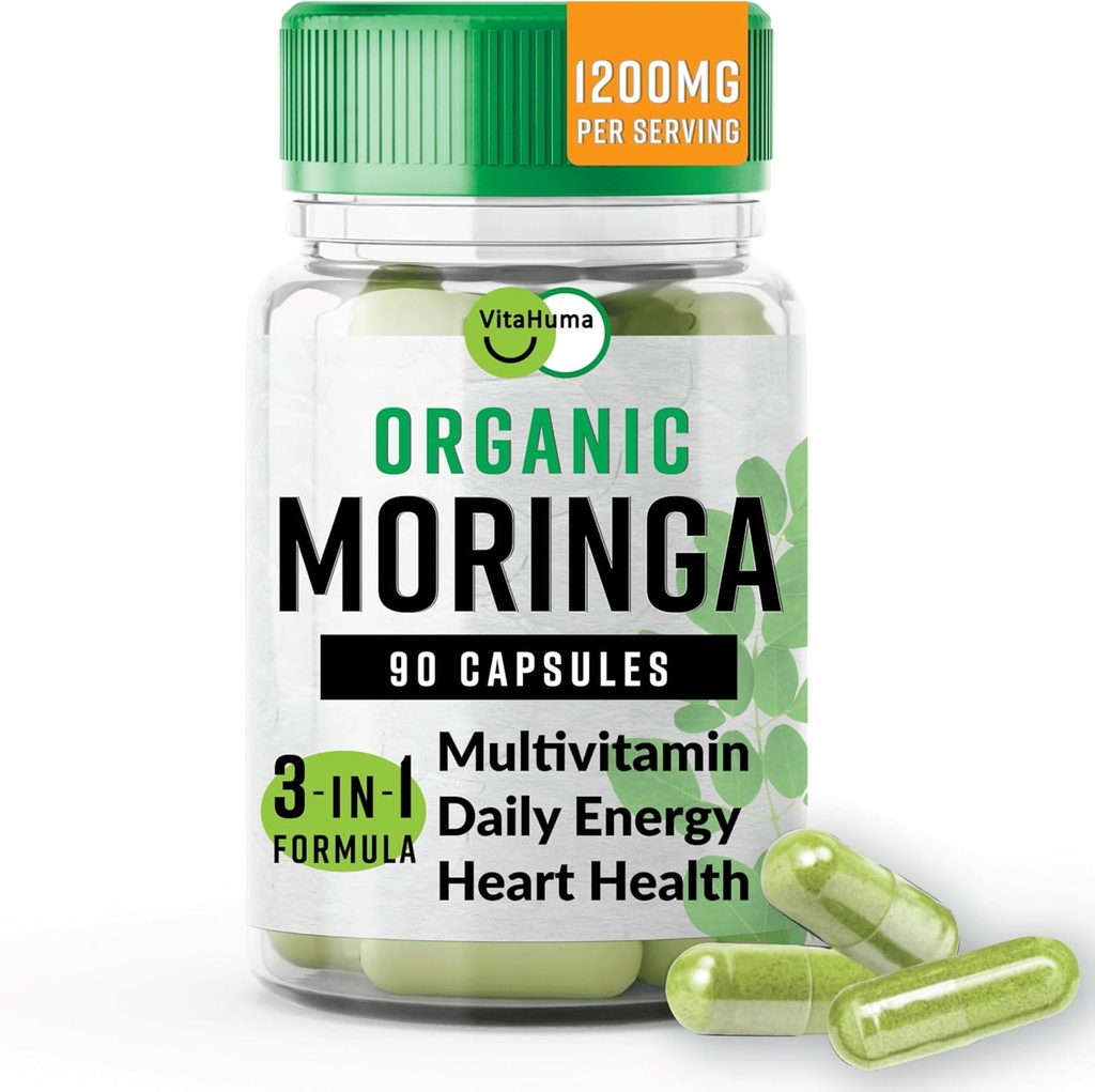 Organic Moringa, Nutrient-Dense Antioxidant Suport cu vitamina C, A, E, Calciu, Potasiu, Fier, Magneziu, Proteine & Amino Acids pentru Hidratare & Energie, Vegan, 1200 MG Per Serving, 90 CT
