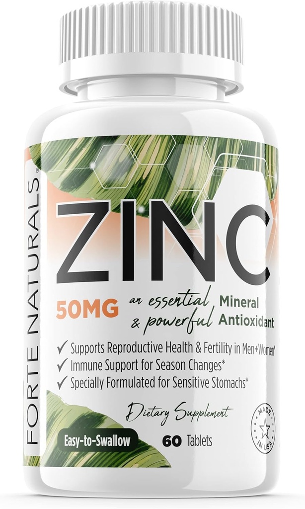 Zinc 50mg, (60 comprimate), special Formulat pentru stomac sensibil, Suport imunitar, Piele & Păr, Supliment de zinc Vegan, Non-GMO Made in USA