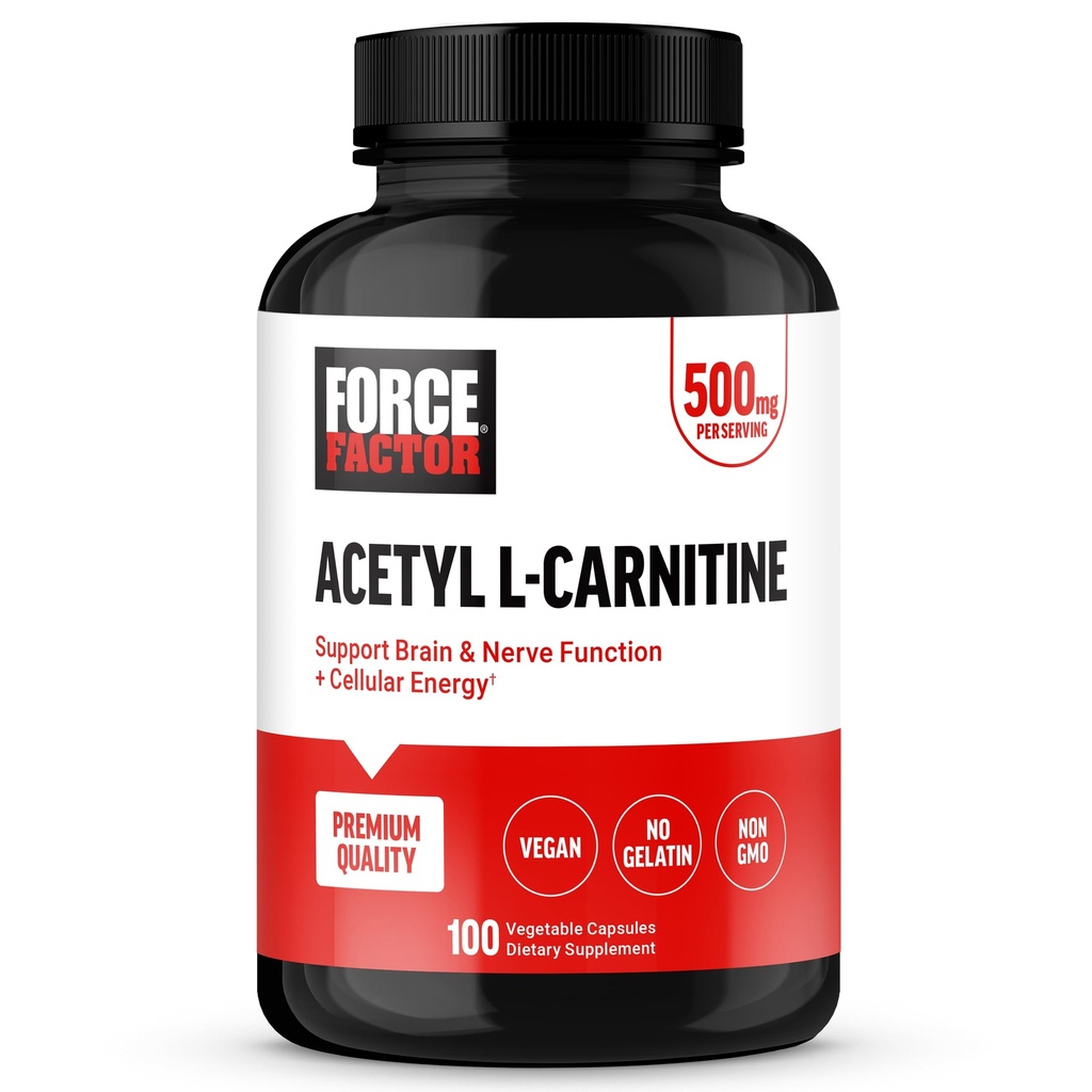 Force Factor Acetil L-Carnitina Creier Supliment, Nervi Supplement, și Booster de energie celulară, Acetil L-Carnitina 500mg, Premium Quality, Vegan, Non-GMO, 100 Capsule vegetale