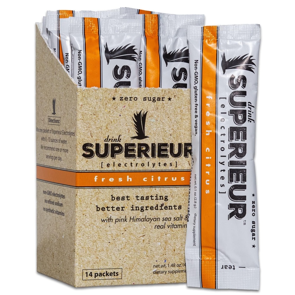 Pachete Superieur Electrolite Powder - VEGAN Electrolite Hydration Powder w/Sea Minerals - Keto Friendly, Non-GMO, Zero Sugar Electrolyte Supliment - Sporty Drink - Citrus (14 Packets)