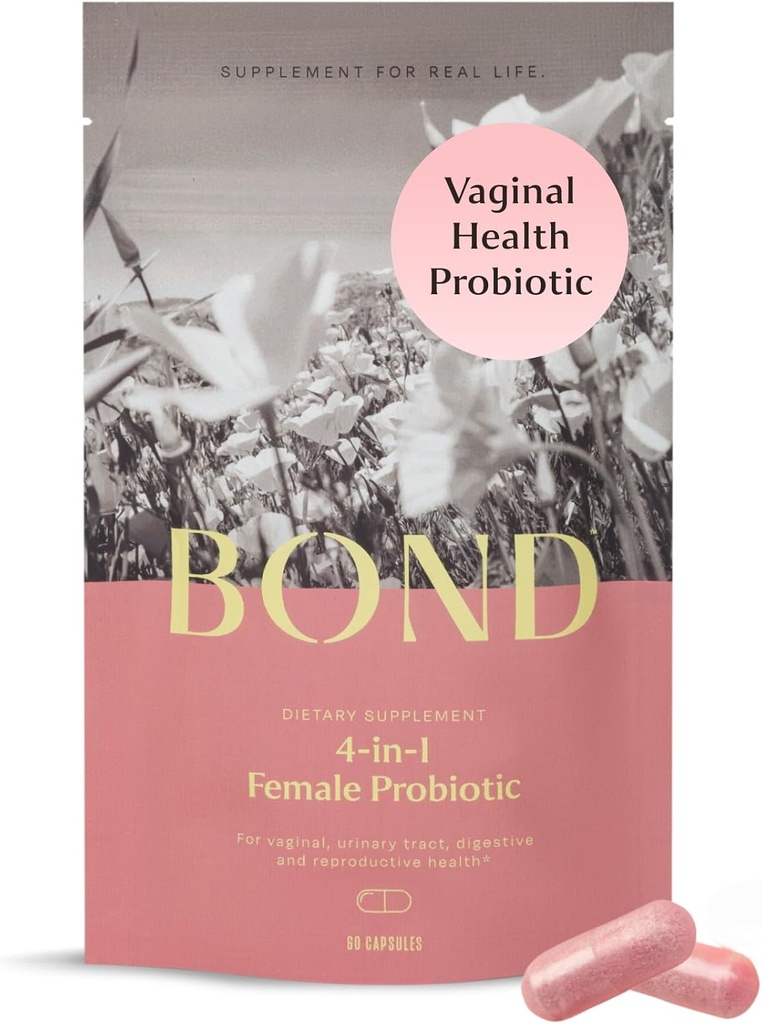 BOND 4-in-1 Probiotice vaginale pentru femei pentru flora vaginala, Odor Control, Yeast & pH Balanta pentru femei - Daily Lactobacillus Formula (5 miliarde CFU), cu prebiotice si afine, 60 capsule (2/Ziua)