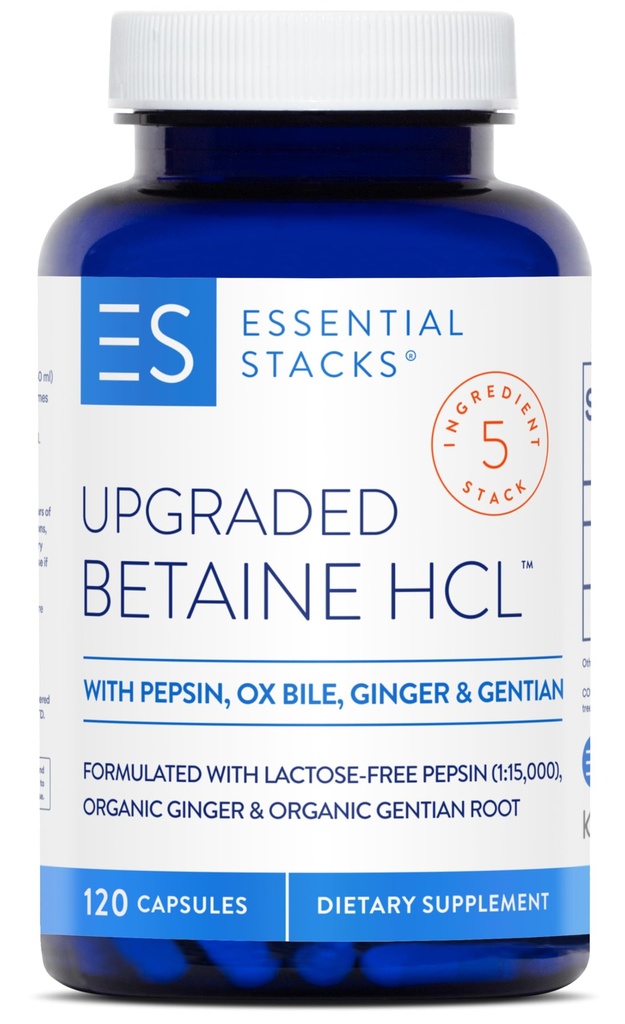 Stacks esențiale Betaine HCL cu Pepsin, Ox Bile, Organic Gentian & Ginger - Betaine Hydrochloride Supliment w enzime digestive, Bile & Bitters - Gluten, Dairy & Soy Free (120 capsule)