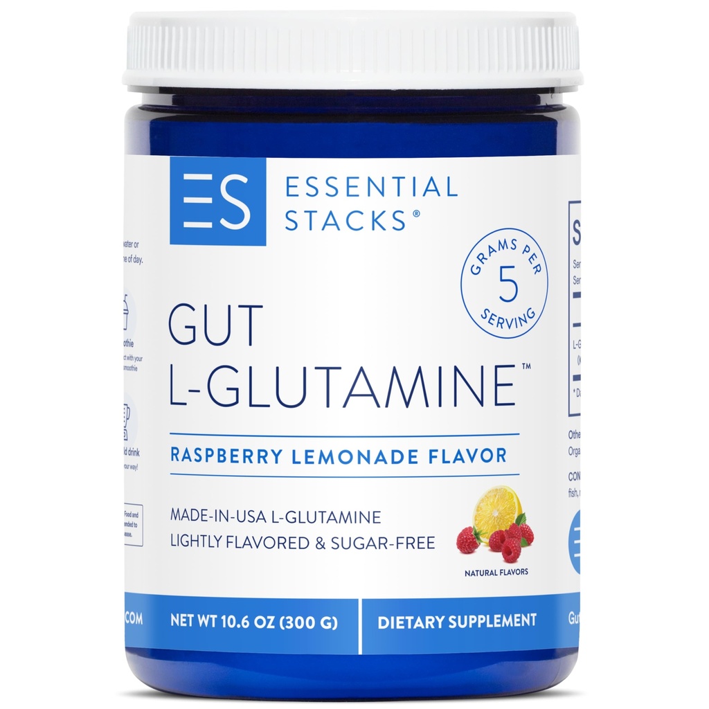 Essential Stacks Gut L-Glutamine Powder - Exclusiv Made in USA - Pure L Glutamine Powder for Gut Health (50 Servings, Raspberry Lemonade)