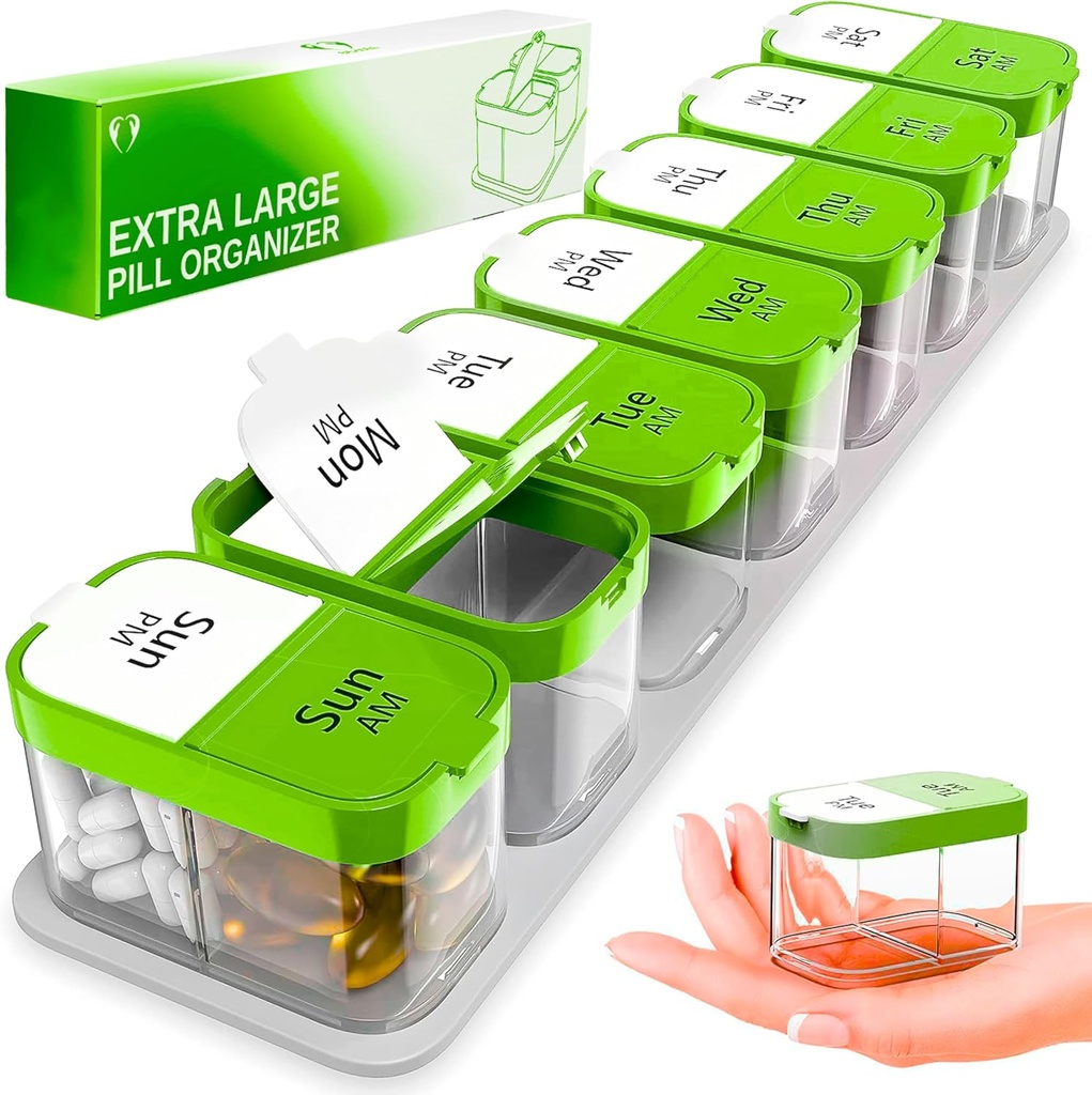 Extra Large Weekly Pill Organizator - XL Deținătorul vitaminei cu 7 Compartimente AM PM detasabile - Portable Medicine Dispenser pentru Home and Travel, Big Supliment Container pentru Weekly sau Daily Use, Green