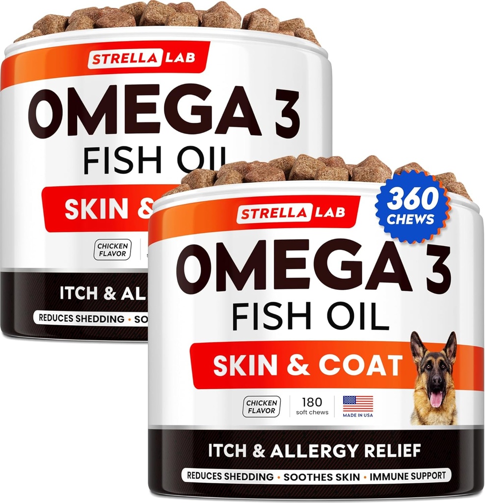 STRELLALAB Omega 3 pentru câini - (360Ct) Tratamente de ulei de pește - Alergie & Mâncărime Relief Skin & Coat Supliment - Piele uscată Mâncărime, Tratament anti Shedding & Hot Spots - Pet Salmon Oil Chews - Aroma de pui