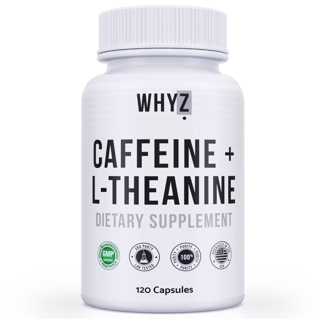 Pastile de cafea WHYZ cu L-Theanine, 120 capsule, Pastile de energie Stack Nootropice, Vitamine de energie pentru energie sustinuta Focus & Funcția cognitivă, L Theanin Cafeina Suplimente de energie pentru femei și bărbați