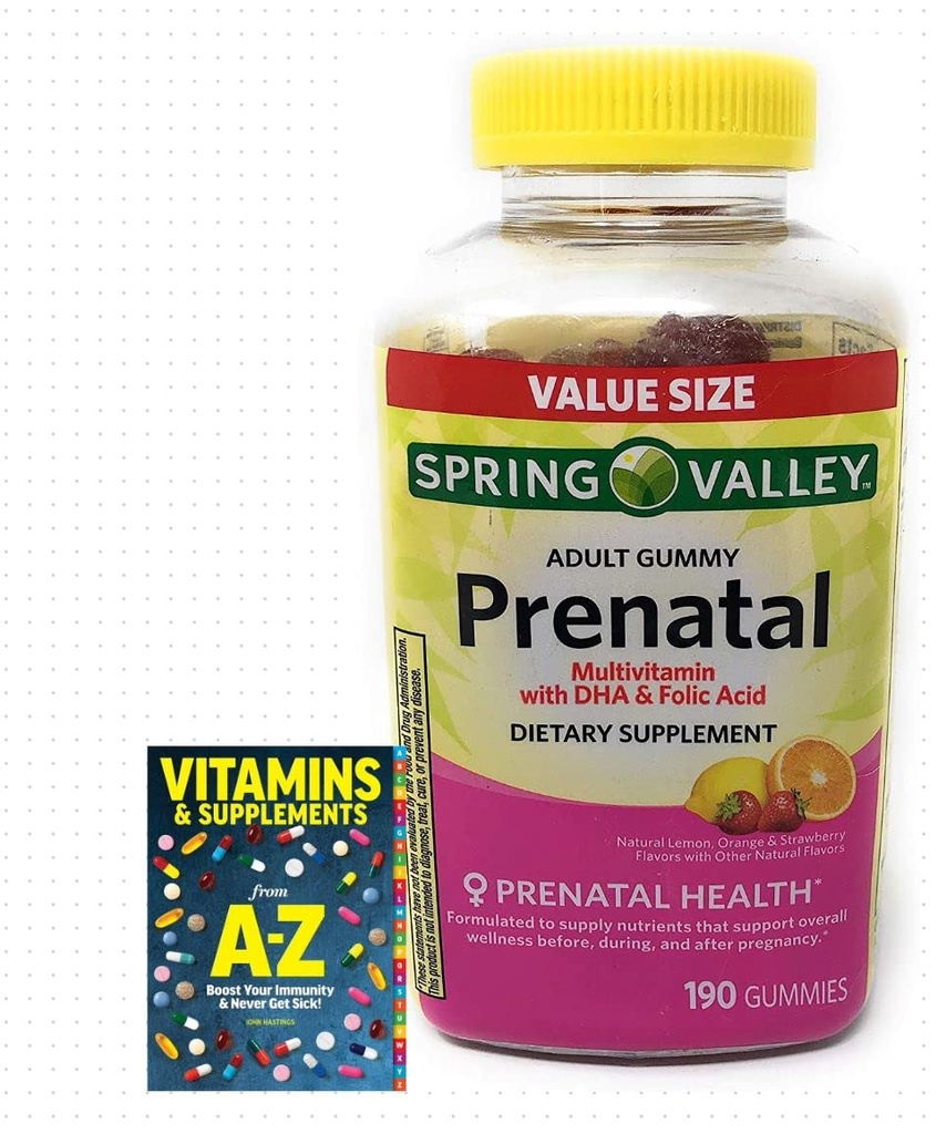 Primăvară Valea Adulţilor Sănătate prenatală Multivitamine DHA & Acid folic, Fructe, 190 Gume + Ghid mai bun Vitamine Suplimente Carte