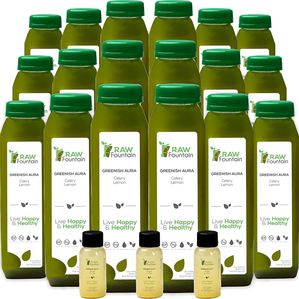 Suc de telina curata de Fountain brut, toate naturale crude, suc rece presat, Dimineata Detoxifiere curata, 30 Sticle 12oz, 5 Bonus Ginger Shots