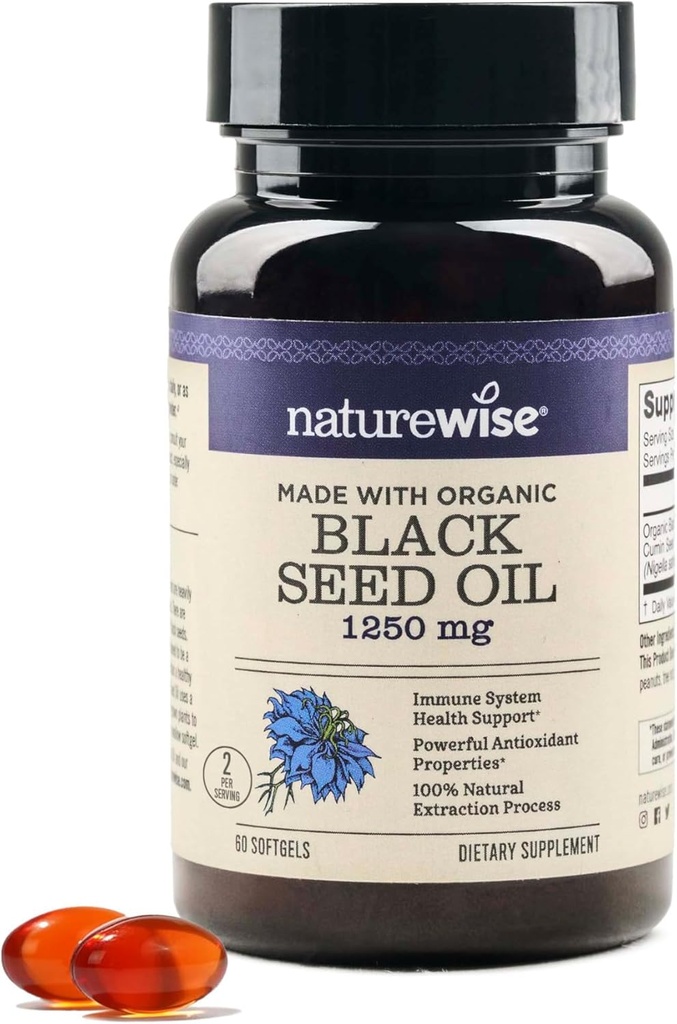 NatureWise Black Seed Oil Softgels 1250 mg - cu 100% Organic Cold presat Nigella Sativa - Omega 3 6 9 - Suport imun antioxidant, Hair & Skin - Non-GMO, Gluten-Free - 60 Softgels