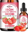 Supliment de fier lichid pentru femei, bărbați și copii, picături de fier lichid cu Folat, vitamina C, B6, B12 pentru anemie, Celula roșie din sânge, suport energetic, aromă de căpșuni, 2 Fl Oz
