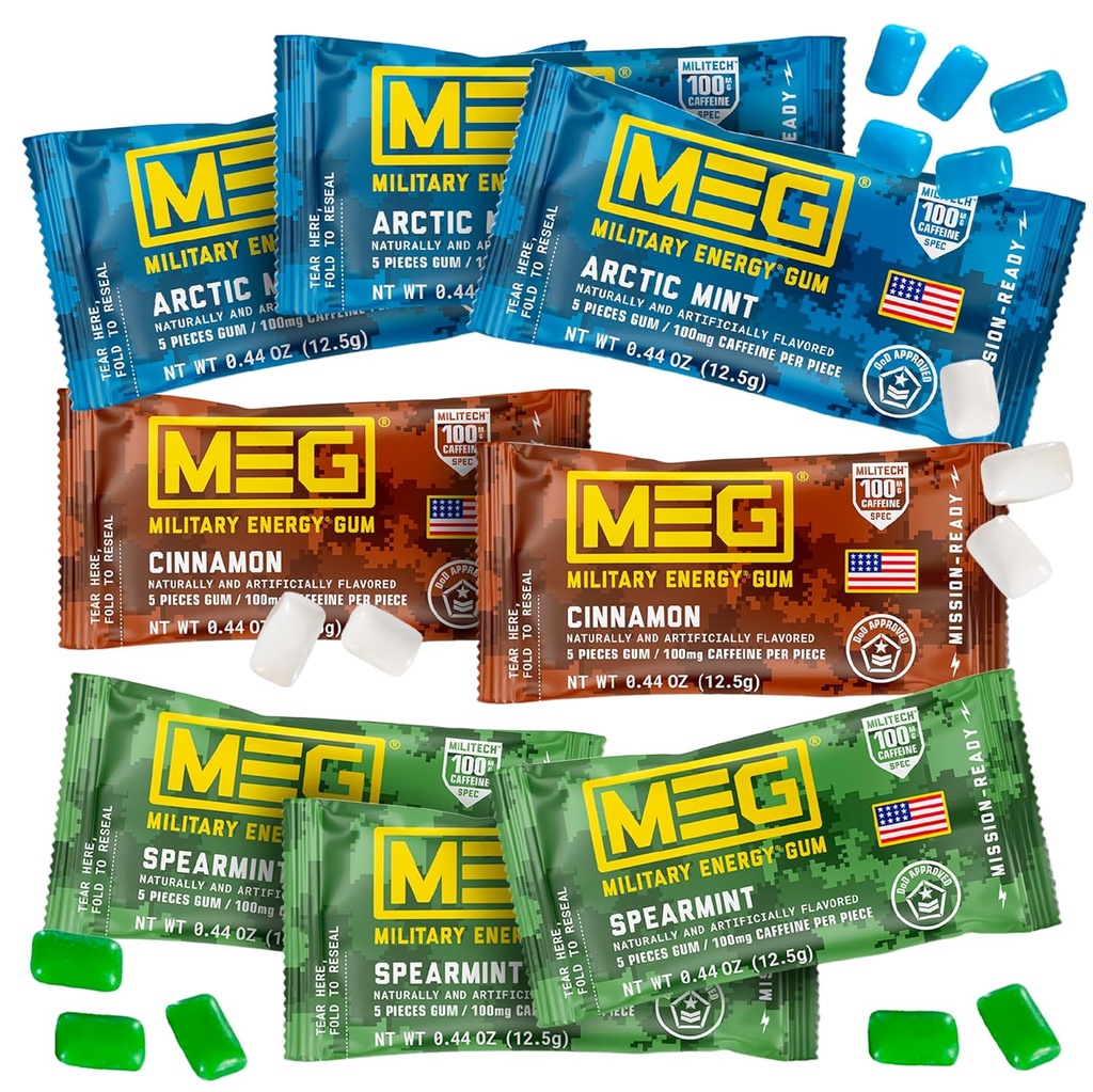 MEG - Guma de energie militara de 100 mg de cafeina per bucata + cresterea energiei + cresterea performantei fizice + mai multe arome de menta arctica , Spearmint, & Cinnamon + 8 Packs (40 conte)