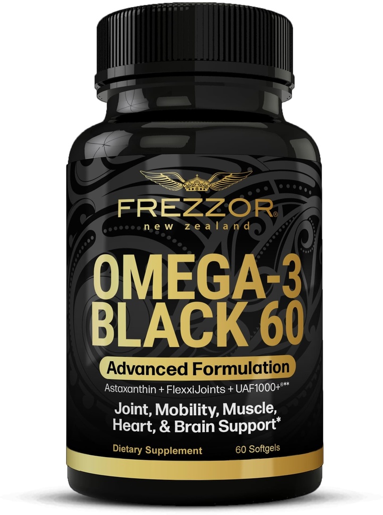 FREZZOR Omega 3 Negru pentru Ingrijire comuna & Comfort - Noua Zeelanda Green cu vârf capsule de ulei Mussel; 53x Potenta superioara cu UAF1000+ Super Antioxidant, Nu gust de pește, 1-Pack, 60 Softgels