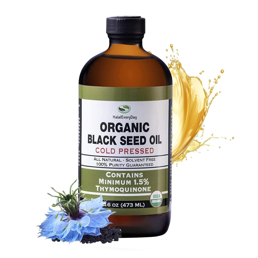 HalalEveryDay Organic Black Seed Oil - USDA Certified, rece presat Sticla de sticlă 16oz - Peste 1,5% Thymochinonă Turkish Black Cumin Nigella Sativa Non-GMO 100% ulei pur Blackseed