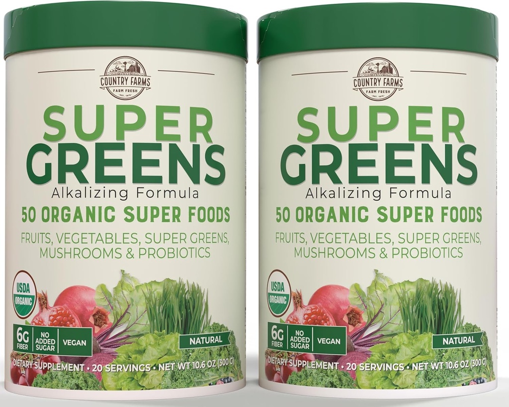 Ferme de țară Super Greens Arovă naturală, 50 de produse alimentare organice Super, USDA Organic Drink Mix, Fructe, Legume, Super Verzi, Ciuperci și Probiotice, Sprijină Energie, 40 Serviri, 10,6 Oz, 2 Pack