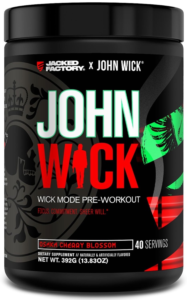 Fabrica Jacked X John Wick - Wick Mode Pre Workout pulbere - Energie intensă, Battle-Ready Focus, angajament de neoprit, și Sheer Will - 40 Serviri, Osaka Cherry Blossom