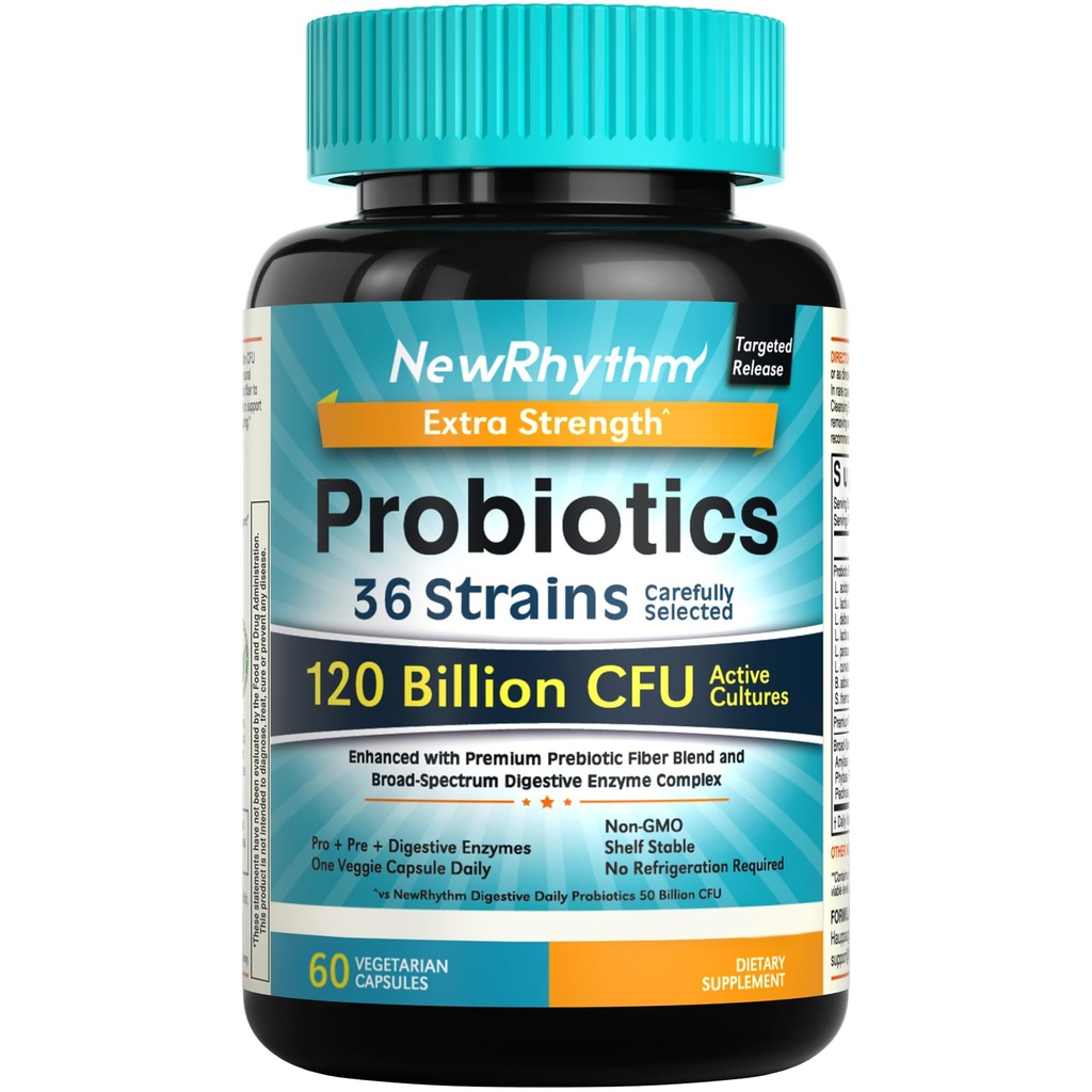 Probiotice NewRhythm 120 Miliarde CFU 36 Tulpini, 3-in-1 Probiotice pentru sanatate digestiva si suport imun cu prebiotice si enzime, Probioticos pentru femei si barbati, eliberare vizata, 60 Capace Veggie