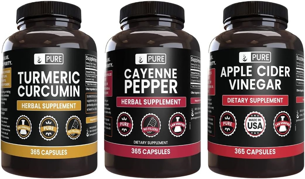 Pure INGREDIENTS Cayenne Pepper, Curcumin Turmeric, Cidru de Oţet de mere Bundle (365 capsule)