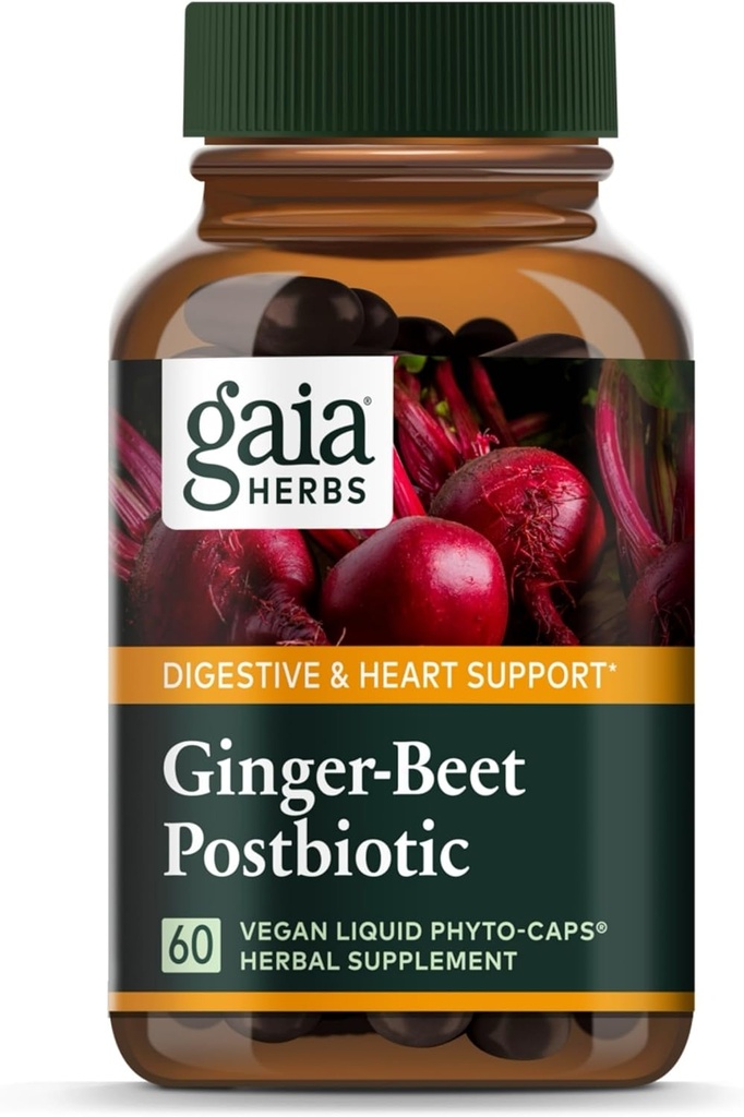 Gaia Herbs Ginger-Beet Postbiotic - Supliment pentru suport de sănătate Gut & Heart - Made with Organic Fermented Beets & Ginger - Free from Dairy, Soy & Gluten - 60 Vegan capsules (30 Servings)