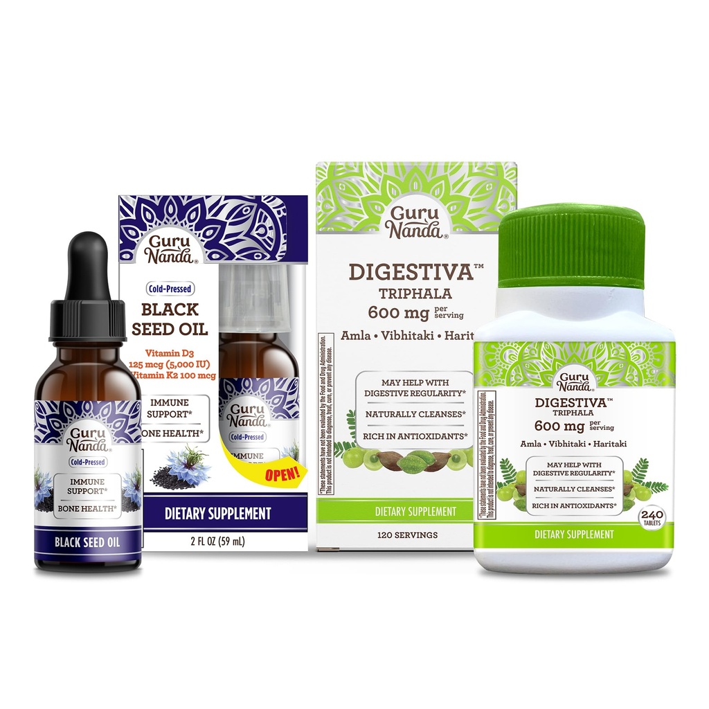 GuruNanda Black Seed Oil, Cold-Pressed Nigella Sativa - bogat în vitamina D3 5000 unități și Digestiva Triphala (240 tablete), susține Digestion, ajută cu Blooting