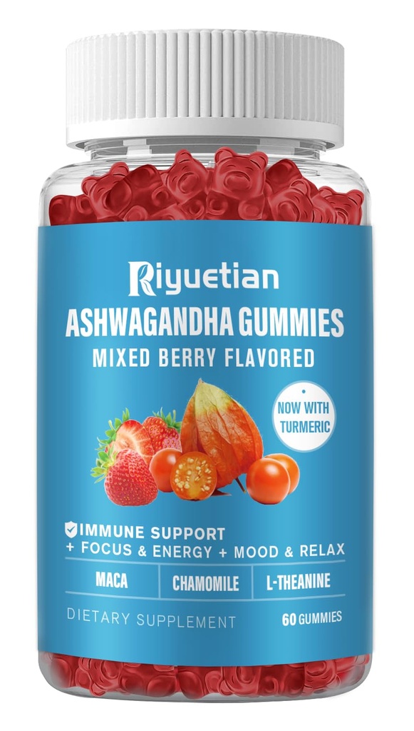 Ashwagandha Gummies pentru femei si barbati - Stress Relief, Immune Support & Creșterea energiei - Sugar Free, Vegan - Organic Ashwagandha Root Suplimente Gummy- Aroma naturala de capsuni (60 Conte)