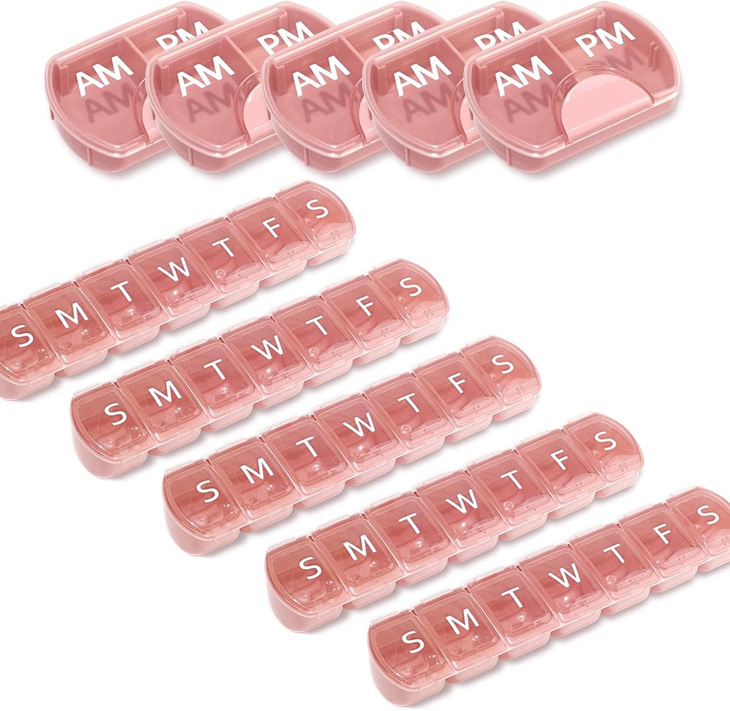 10 Pack (Weekly & Daily), 2 ori pe zi (AM/PM) + 7-Day Pill Organizator, Vitamin Planner, Set de pastile de mare capacitate, Caz de pastile de călătorie pentru medicamente/Vitamins / uleiuri de pește/Supplements, roz