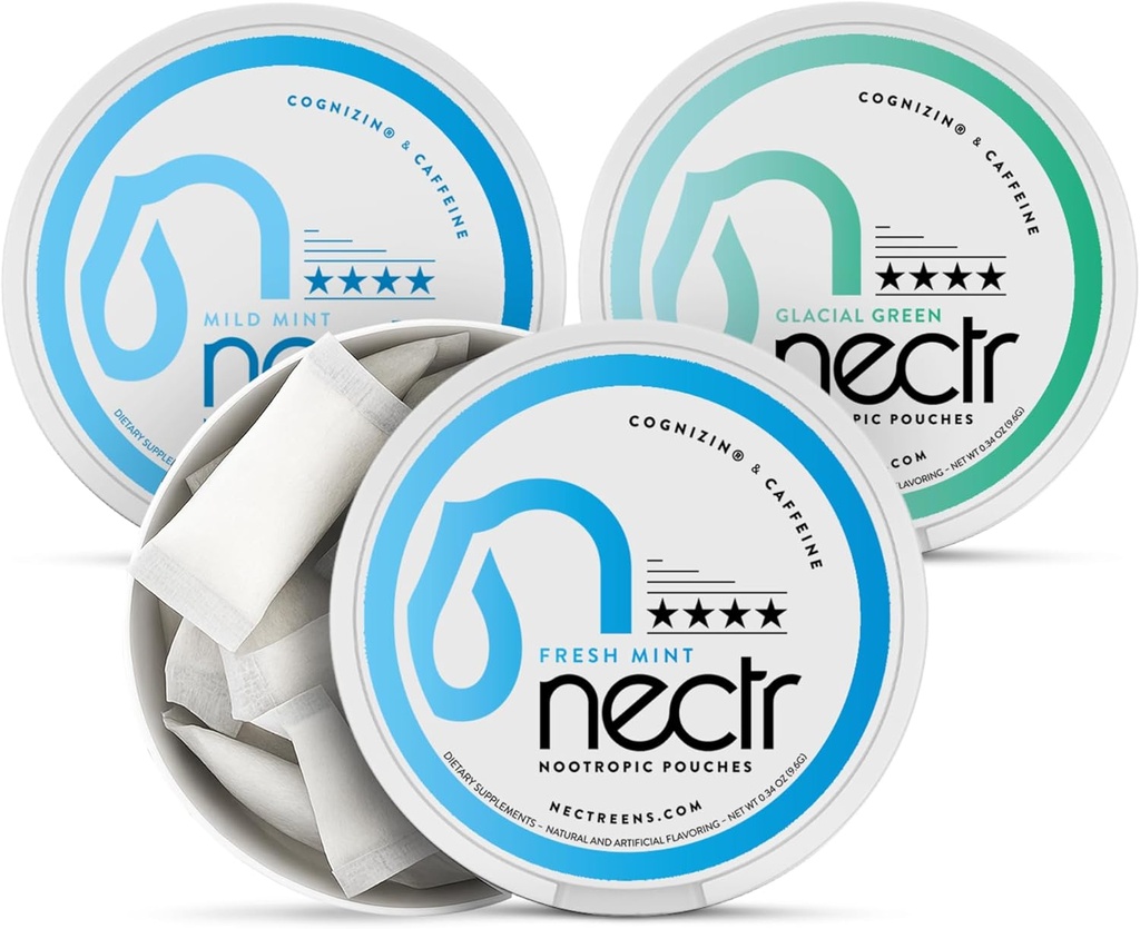 Nectr Energy Nootrop Pouches Mint Mix - Cafeina Poches with Cognizin Citicoline. 3 Aroma: mentă ușoară și proaspătă și verde glacial. Zahăr-fără, Nicotine Free Calm Focus & Suplimentul energetic