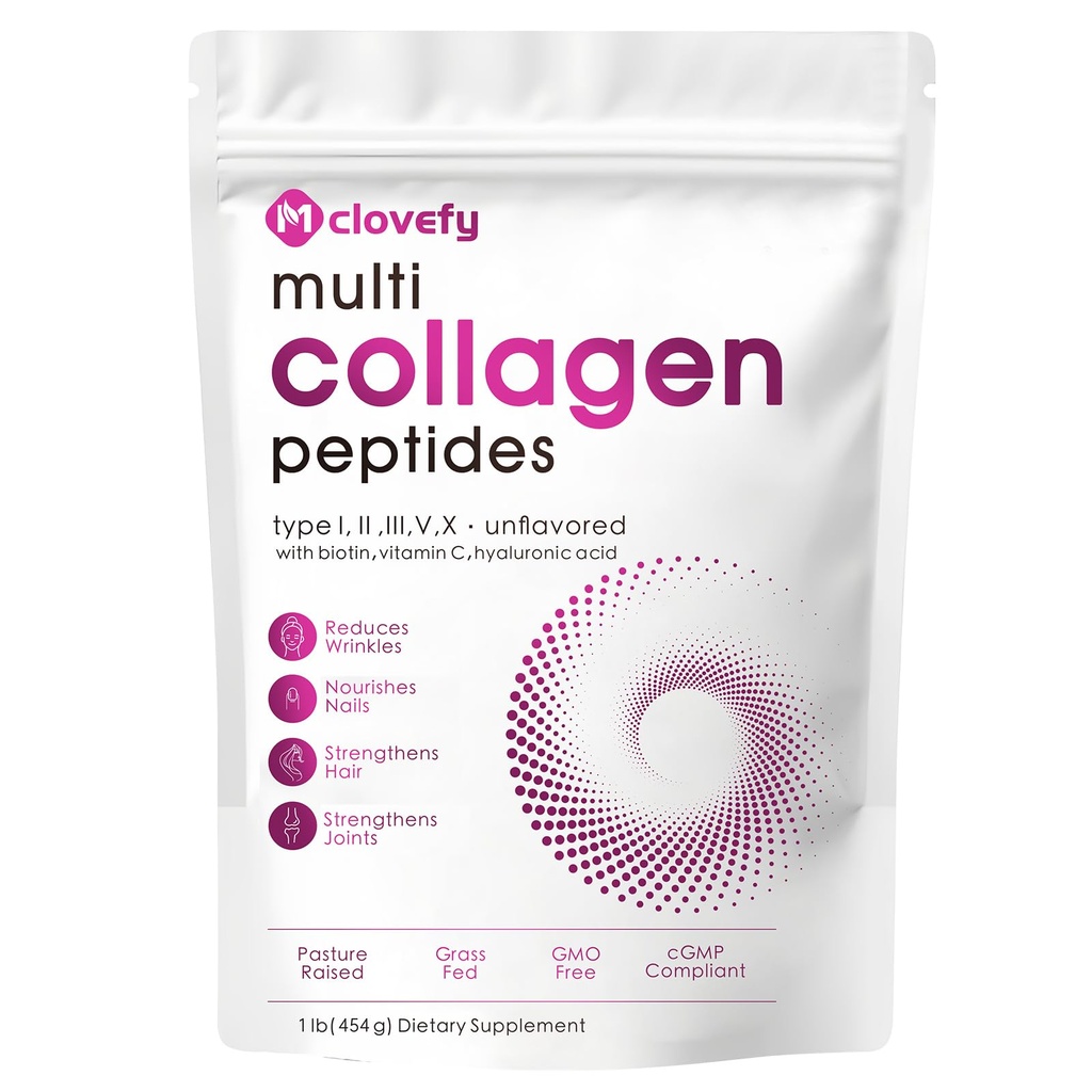 Multi Colagen Peptides Powder, 16 Oz (41 Servings) - Supliment de proteine, de tip I, II, III, V, X cu acid hialuronic, vitamina C și biotină, Nearomate, Se amestecă cu ușurință în băuturi