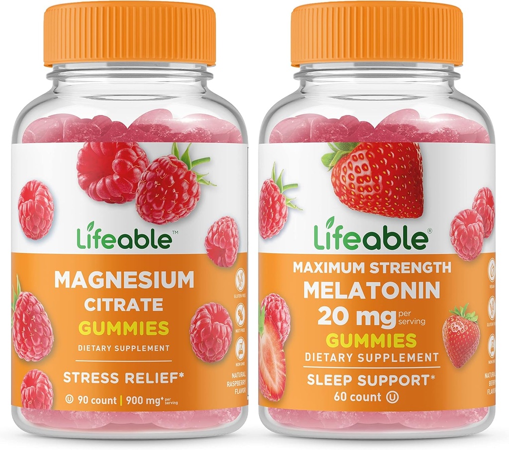 Magneziu durabil + Melatonină 20mg, Gummie Bundle - mare Tasting, Supliment de vitamine, Gluten gratuit, OMG gratuit, Guma de mestecat