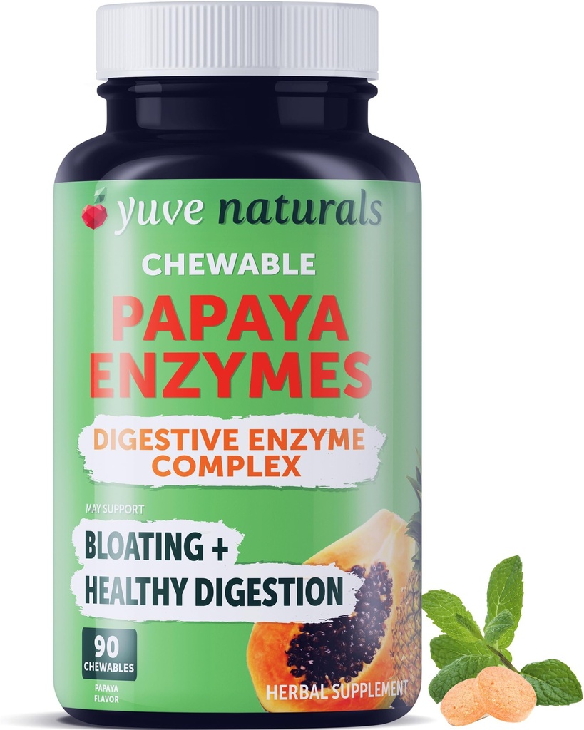 Yuve Natural Papaya Enzime digestive - Dulciuri fara zahar - Promoveaza o mai buna digestia - Constipatie & Bloating Aid, Detox, Leaky Gut Repair & Gas Relief - Vegan, Non-GMO, Gluten-Free - 90ct