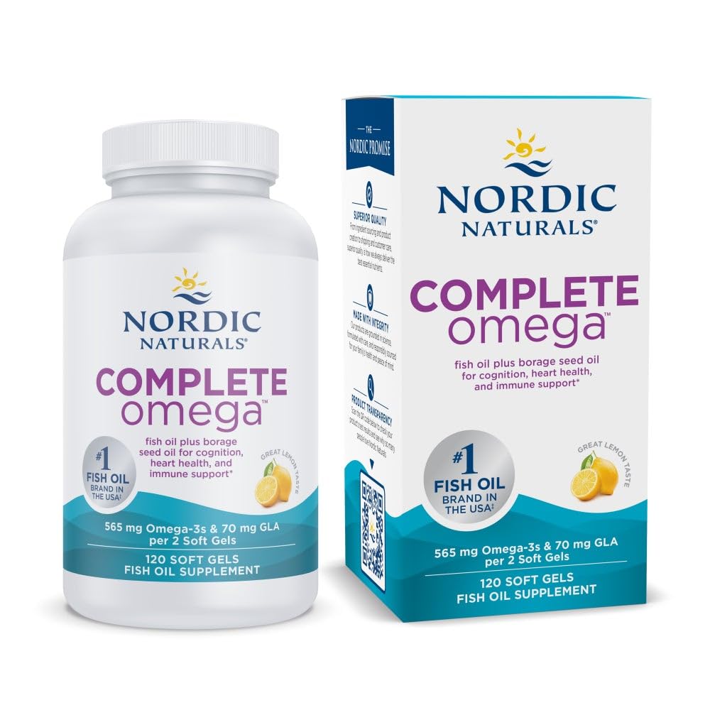 Nordic Naturals Complete Omega, Lemon Flavor - 120 Soft Gels - 565 mg Omega-3 - EPA & DHA cu Adăugat GLA - Piele Sanatos, Cognition, Mood pozitiv - Non-GMO - 60 Servings