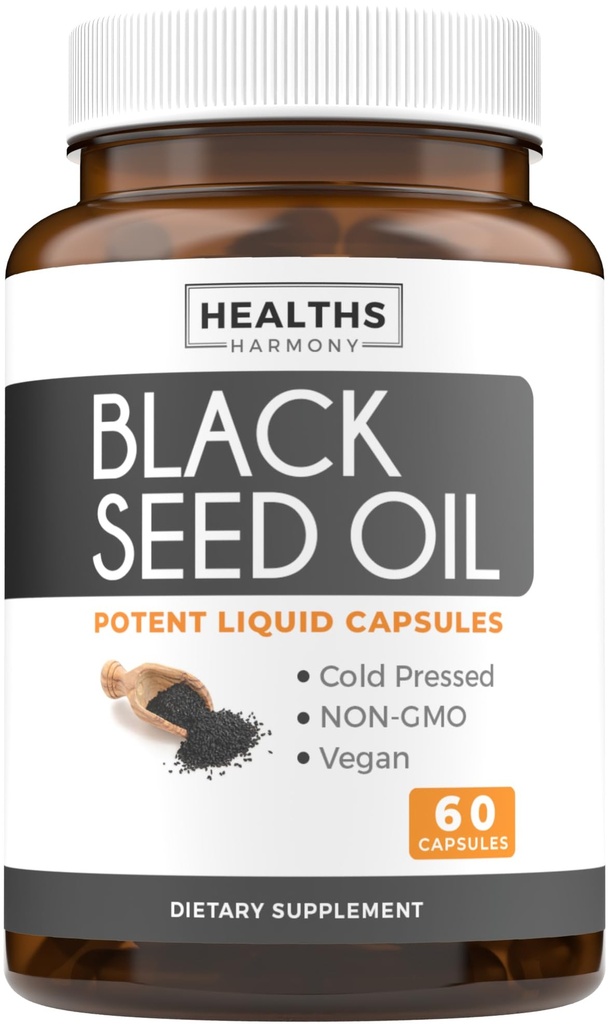 Ulei de semințe negru - 60 capsule Softgel (Non-GMO & Vegan) Premium la rece-Pressed Nigella Sativa Producând ulei de semințe de chimen negru pur cu vitamina E - 500mg Fiecare, 1000mg per 2 capsule Servire