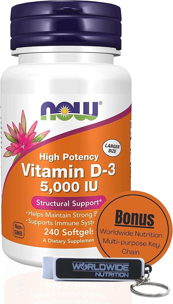 Nutriţie mondială Acum Suplimente Vitamina D3 5000 UI Softgels - Formula de potenţă ridicată pentru suport structural D 240 Conte Vitamina, Organic & keychain