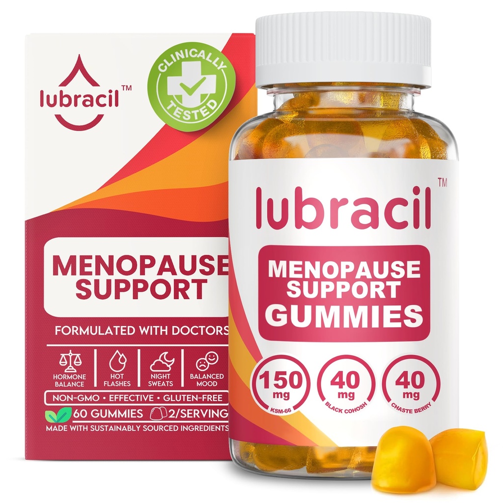 Lubracil Menopause Gume pentru femei - Menopauză Suplimente pentru Flash-uri fierbinți, Transpirații nocturne, Swings și echilibru hormonal - Vitamine zilnice cu Cohosh negru și Ashwagandha - 60 Gummies (Pachet de 1)